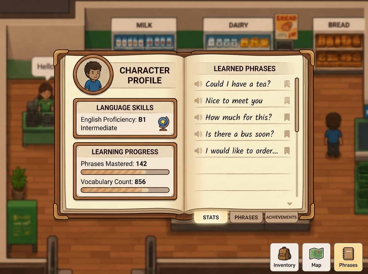 Player character stats menu dashboard displaying English proficiency B1, phrases learned, and vocabulary lists