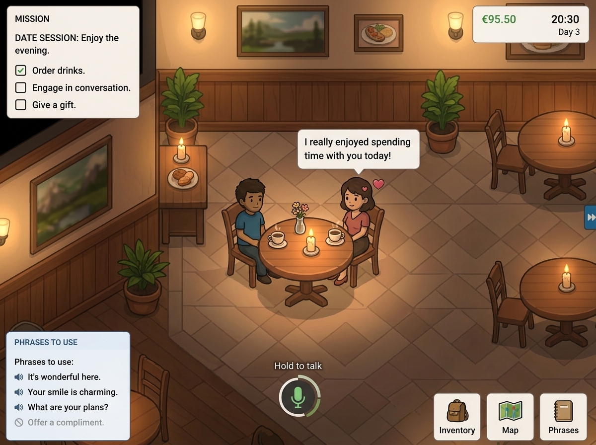 Player sitting on a cozy date at a café table talking in English with another resident