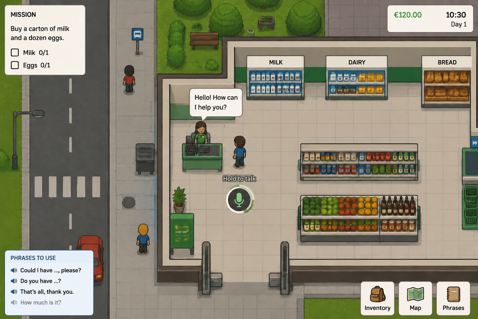 FLuen Town gameplay showcasing cozy residential streets and AI conversation HUD